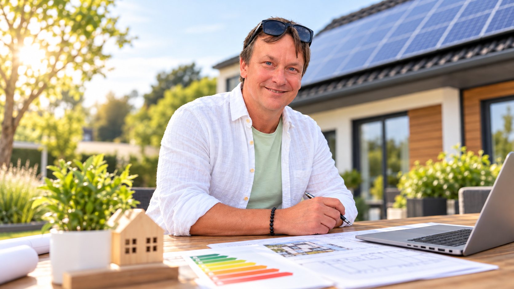 Patrick Schult bei der Energieberatung an einem Tisch mit Unterlagen
